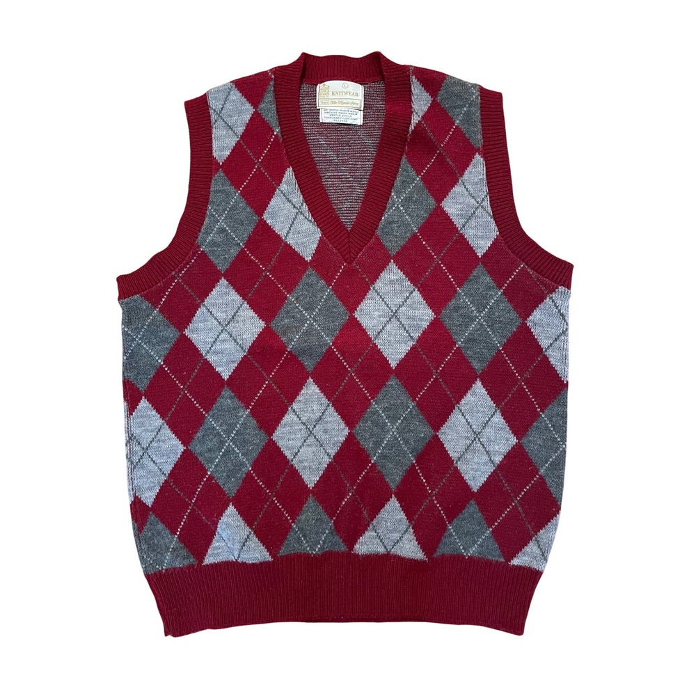 Vintage Sears Argyle Sweater‎ Vest Large Burgundy Grey Orlon Knit